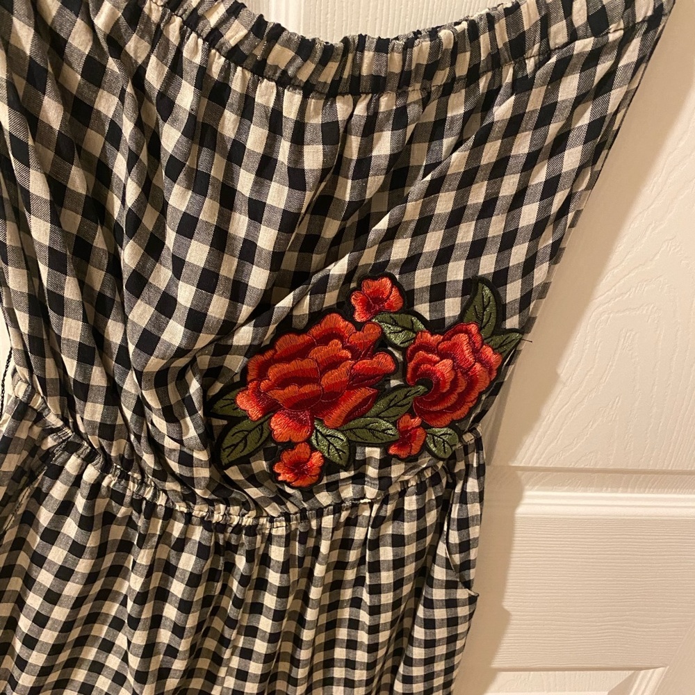Black and White Check Romper with Floral Appliqué